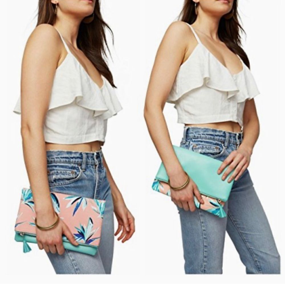 Rachel Pally Blue Reversible Faux Leather Floral Clutch